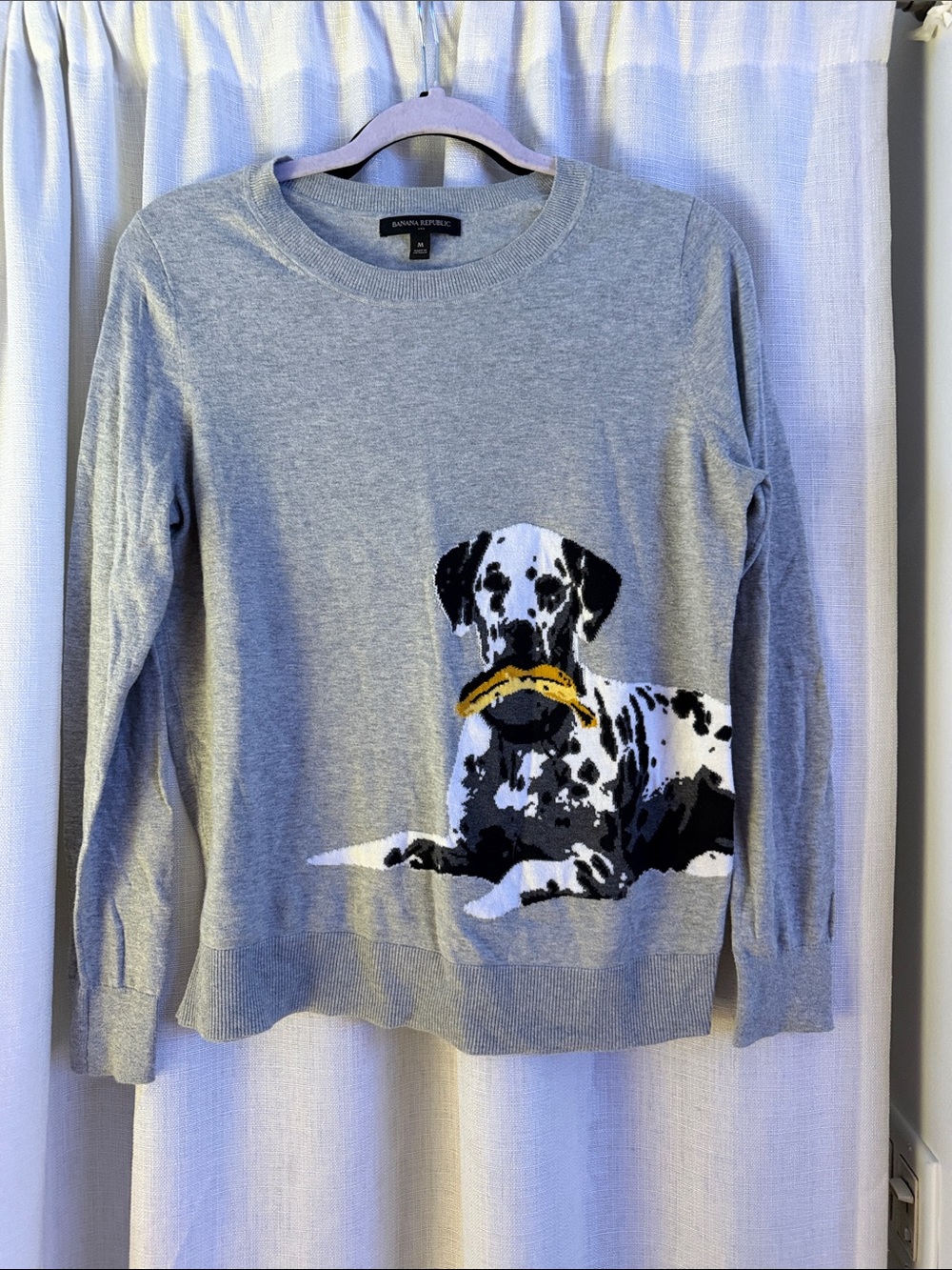 Banana Republic Gray Sweater with Dalmatian Graphic and Yellow Ball